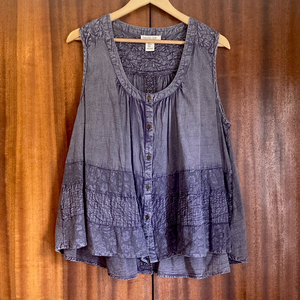 Grey Boho Hippie Sleeveless Blouse with Embroidery and Lace